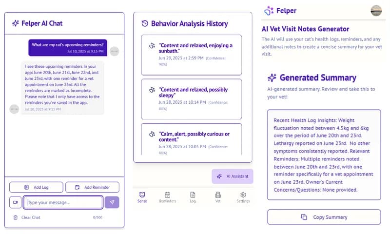Felper app interface on a smartphone, showcasing behavior analysis, with a happy cat and owner.